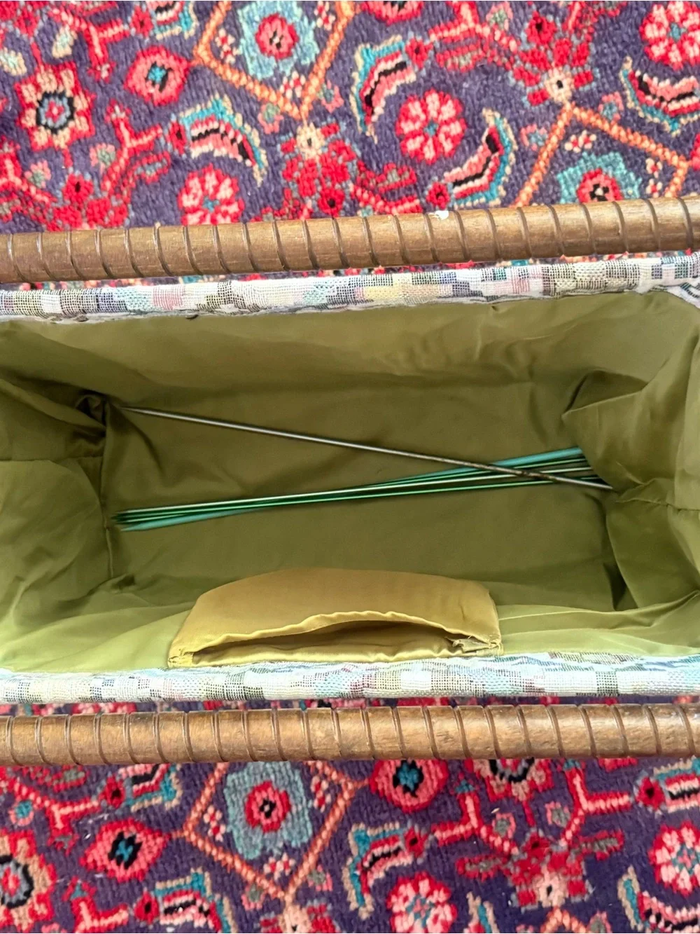 Vintage Tapestry Magazine Rack/Yarn Bag in Muted Pastel Geometric Kilim